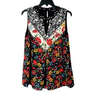 Laundry by Shelli Segal floral sleeveless blouse black whit red size medium